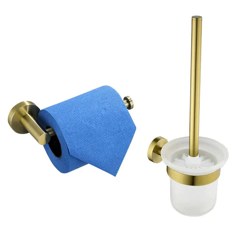 Two-piece brushed gold bathroom hardware set with wall-mounted toilet paper holder and toilet brush holder