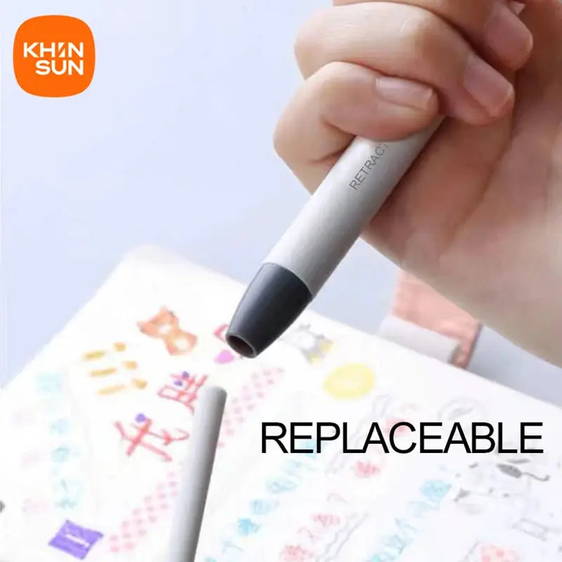 KHINSUN retractable pencil eraser pen; silver body with black eraser tip, replaceable.