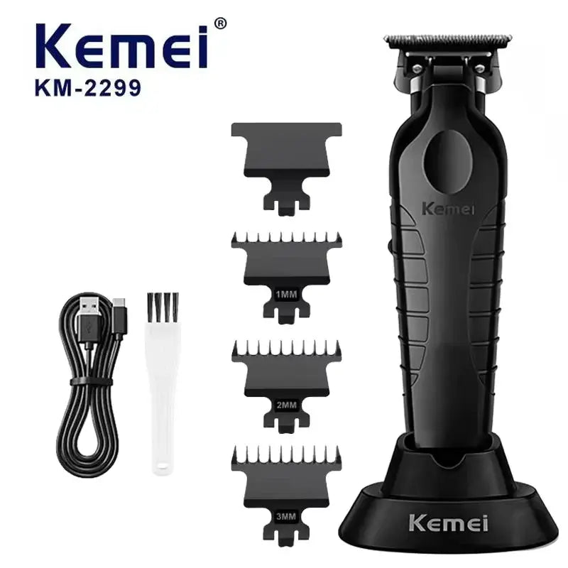 Kemei KM-2299 2-in-1 hair clipper set by Simples Market with USB charger, cleaning brush, and 1–3mm guards on stand.
