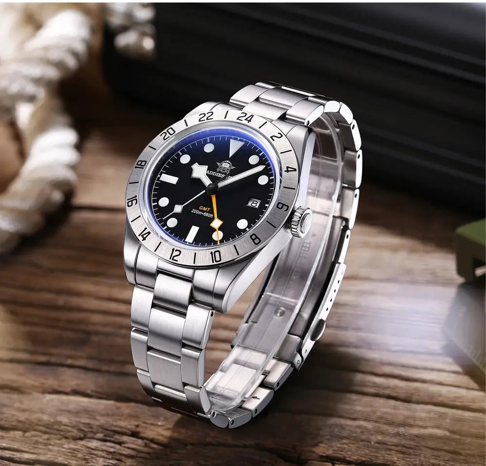 ADDIESDIVE GMT stainless steel watch with black dial, luminous markers, and 24-hour bezel