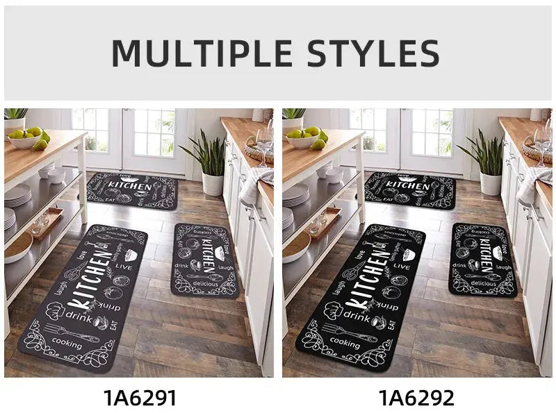 VIKAMA kitchen mat set, washable, non-slip, absorbent; black mats with white kitchen-print design, 4-piece set.