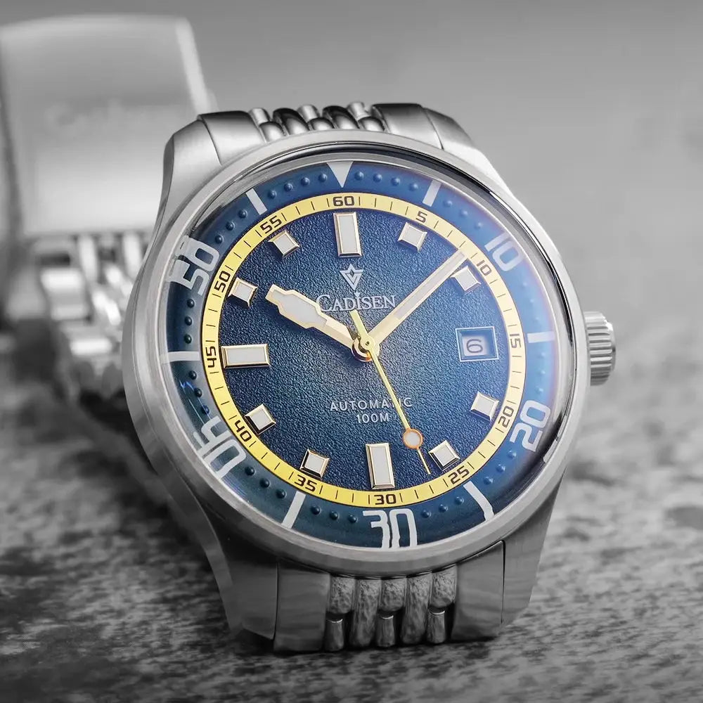 CADISEN automatic men's watch, blue dial, silver stainless steel case and bracelet, 100m water resistant