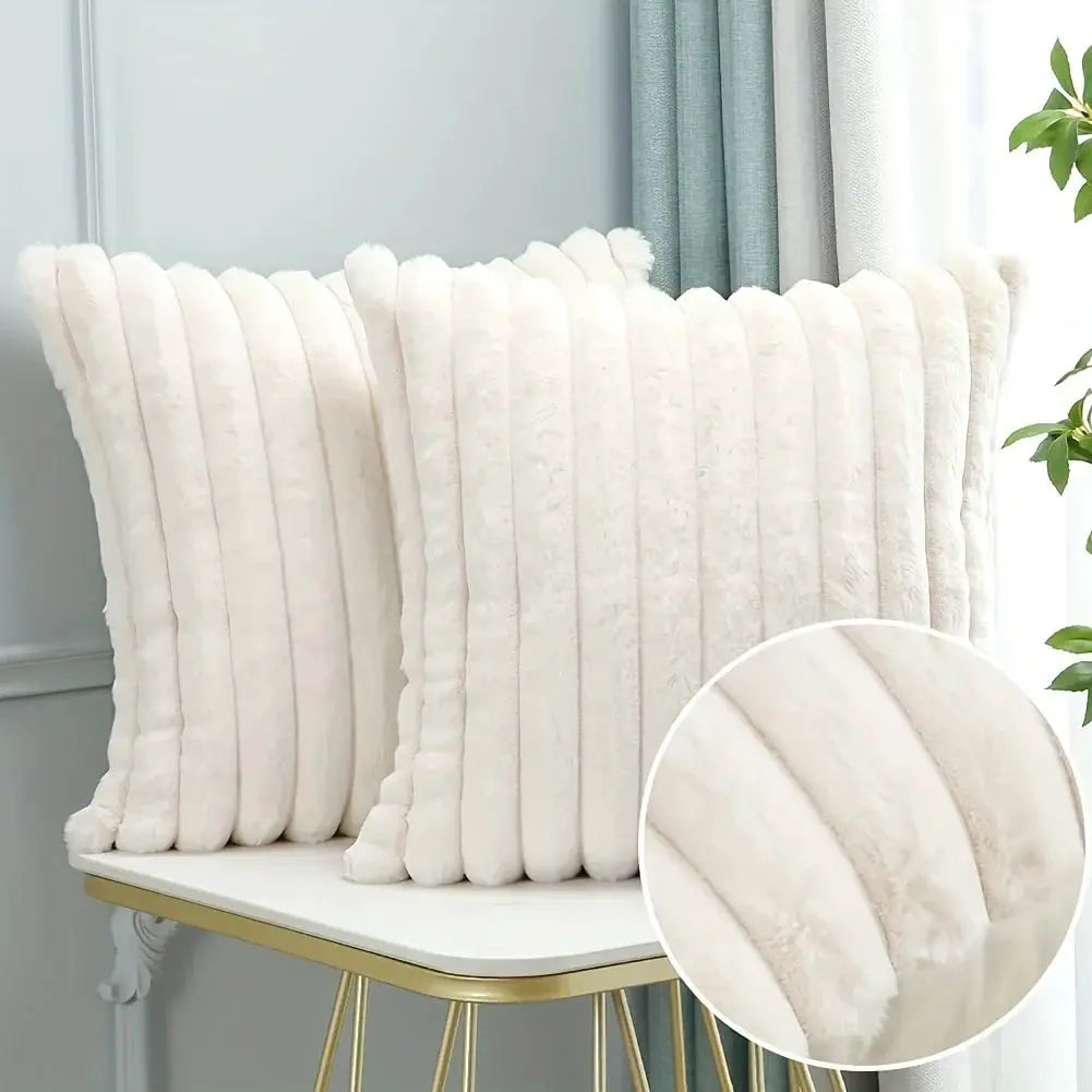 Corduroy stripe pillow covers in cream on chair; plush fabric for sofa or bedroom