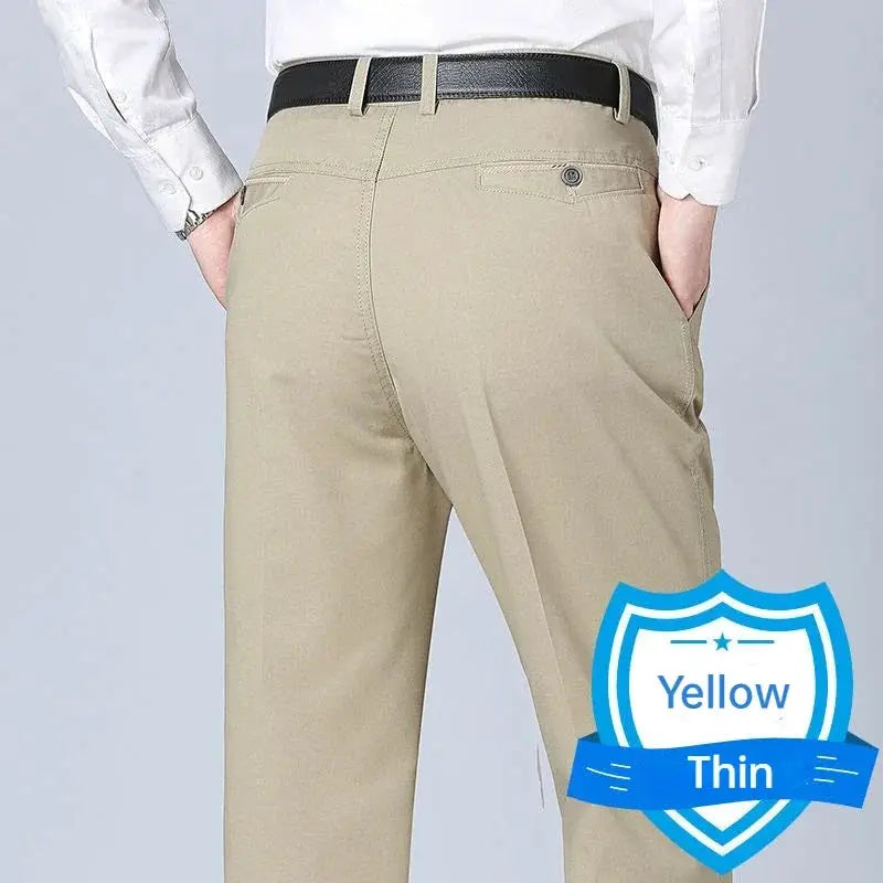 Men's office pants, khaki 100% cotton, straight loose slacks.