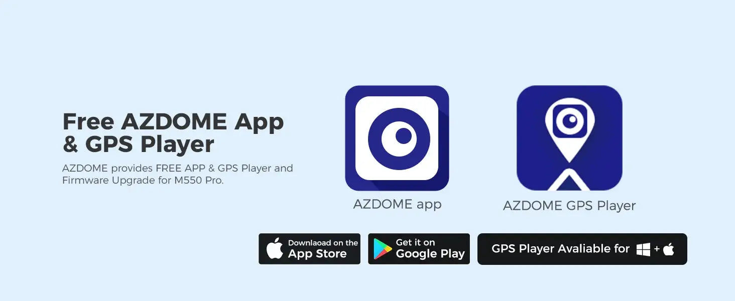AZDOME app and GPS Player promo banner on light blue background with AZDOME app and GPS icons and download badges.