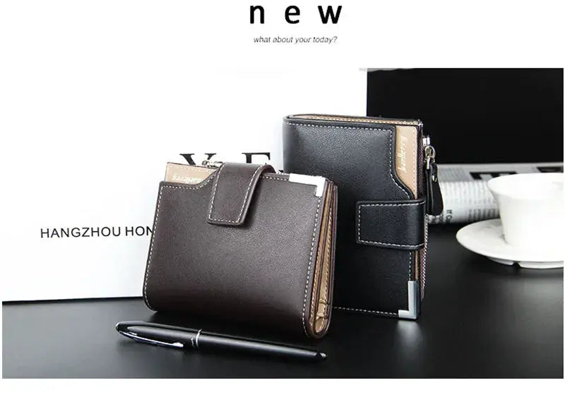 Baellerry short luxury men wallets set of 2 in brown and black leather with zipper coin pocket