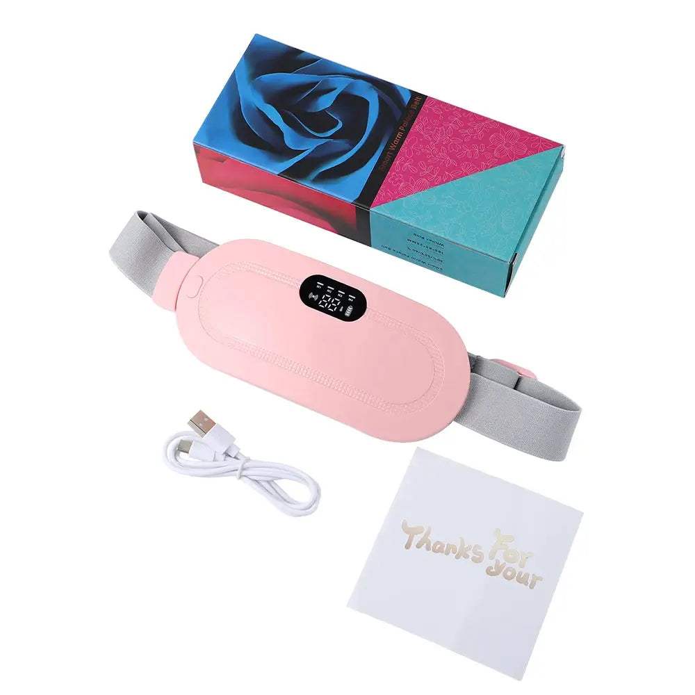 Electric waist massager belt by Simples Market, pink with gray adjustable strap and USB charger.
