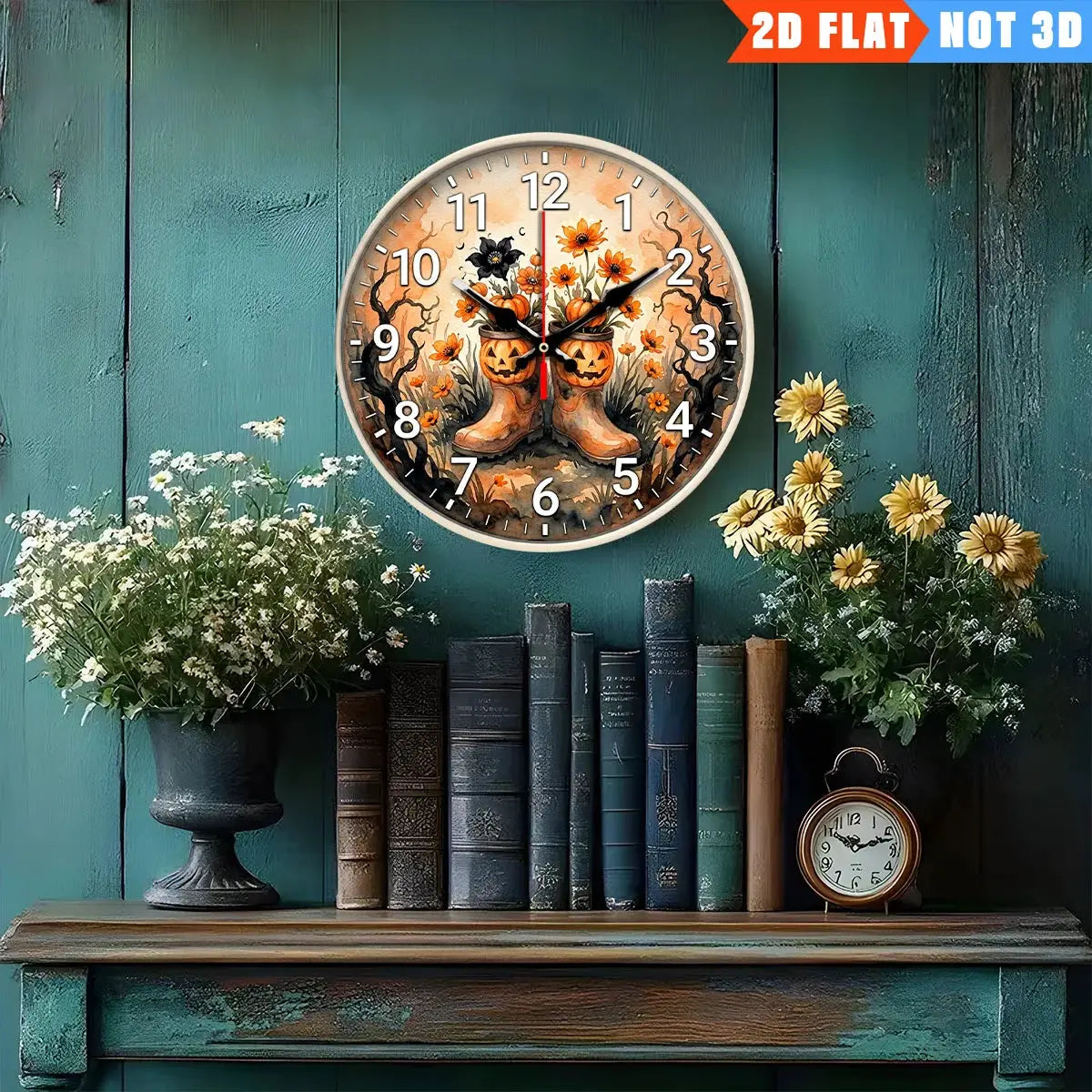 Round wall clock with pumpkin boots design, 10-inch, silent battery-powered movement; decorative home clock.