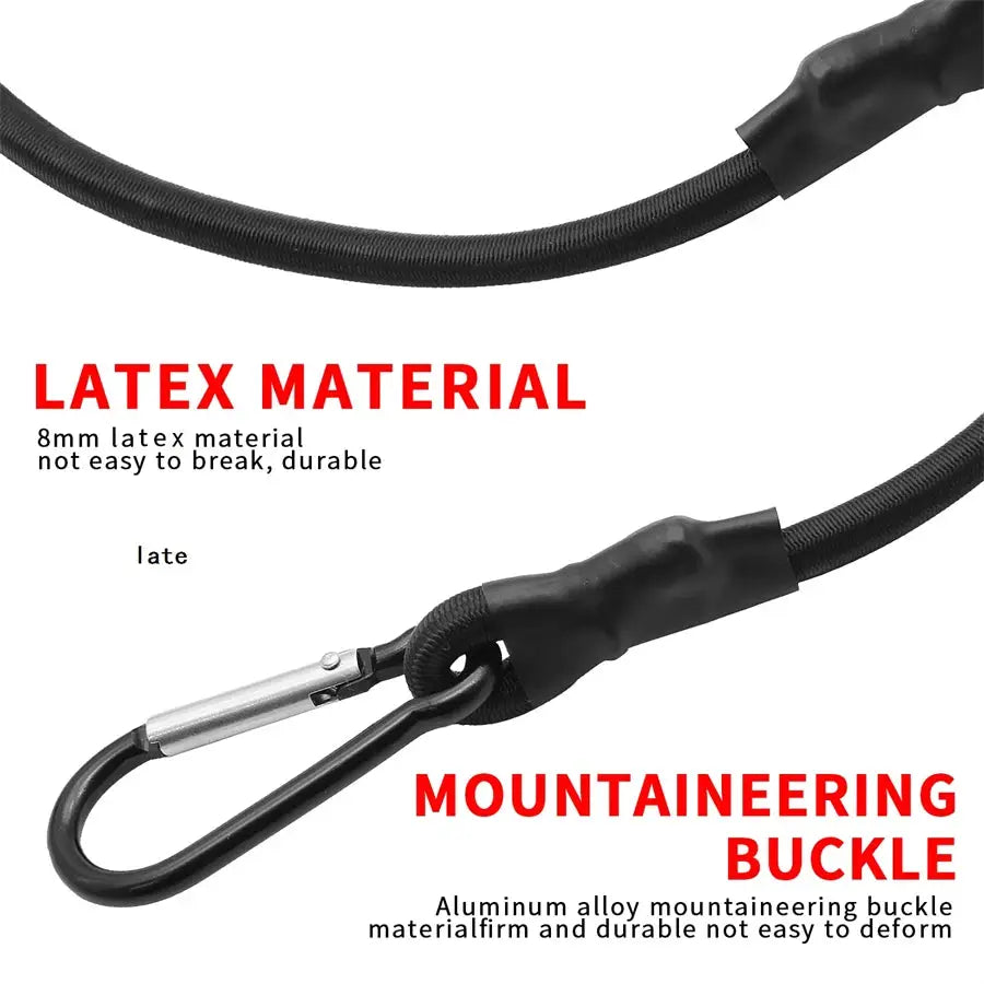 Black 8mm latex bungee cords with hooks for cars, bikes and luggage on roof racks