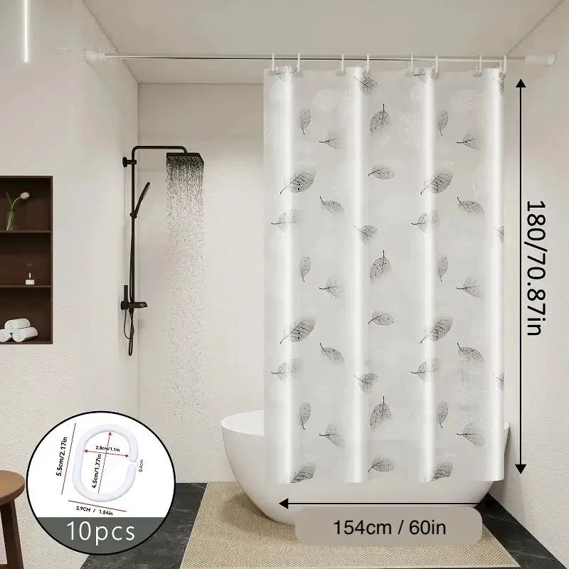 Simples Market leaf-pattern plastic shower curtain, transparent with leaf design, includes 10 plastic hooks