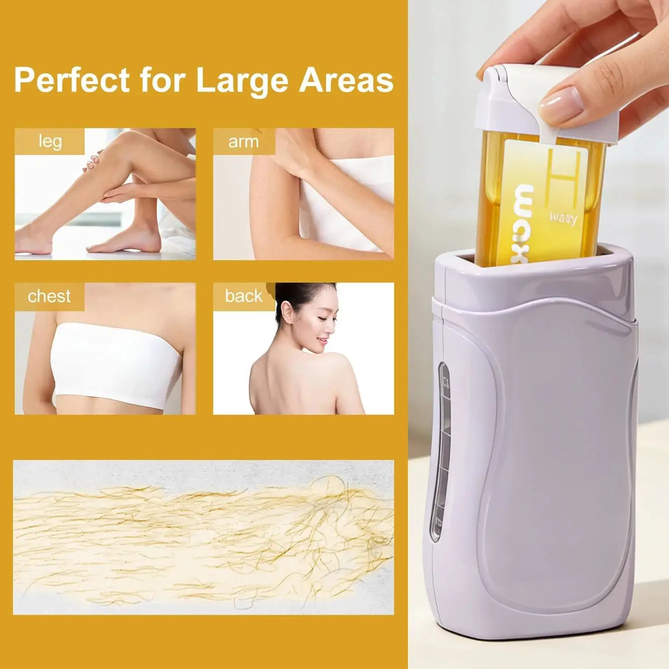 Simples Market roll-on wax warmer, purple with yellow cartridge; shows leg, arm, chest and back waxing areas.