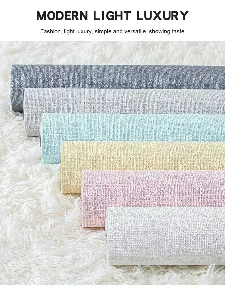 Self-adhesive 3D linen foam wallpaper set in soft pastel colors for living room, bedroom and bathroom decor.