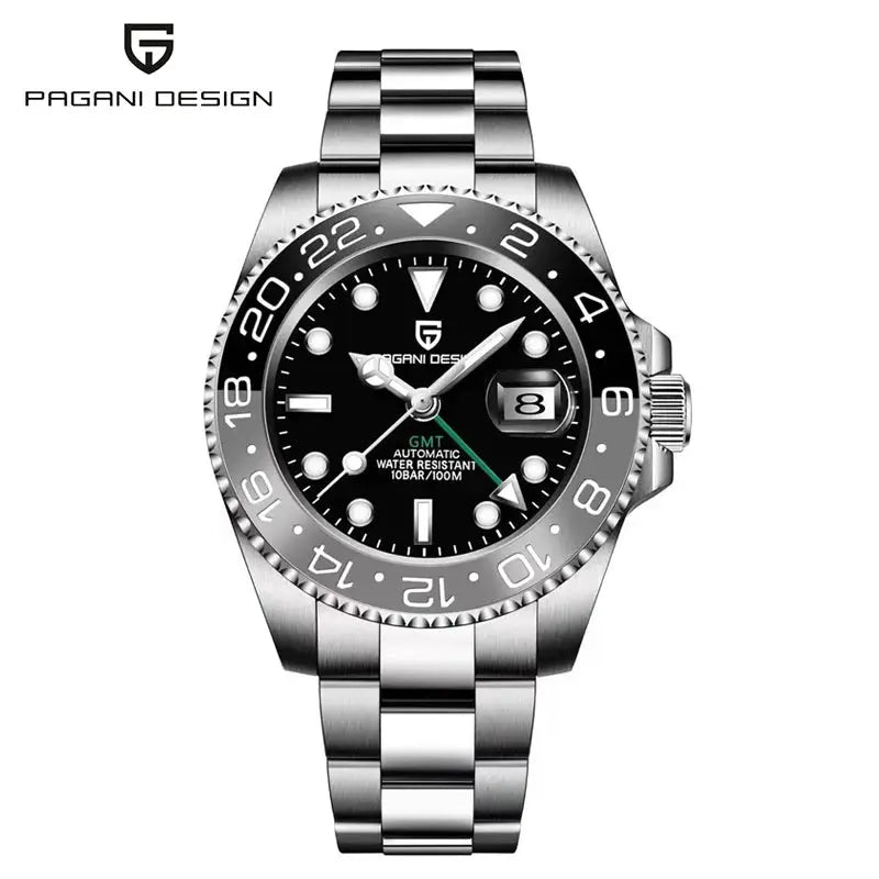 Pagani Design PD-1662 automatic men's watch with ceramic bezel, stainless bracelet, black dial, GMT, sapphire crystal