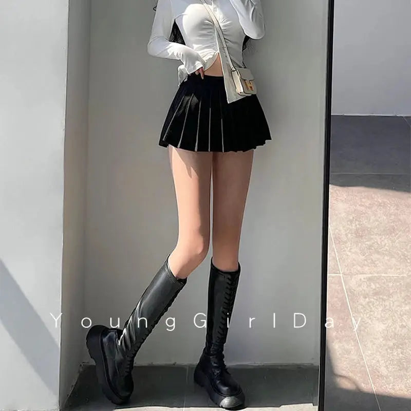 Pleated skirt with shorts, black, high-waist, women's fashion