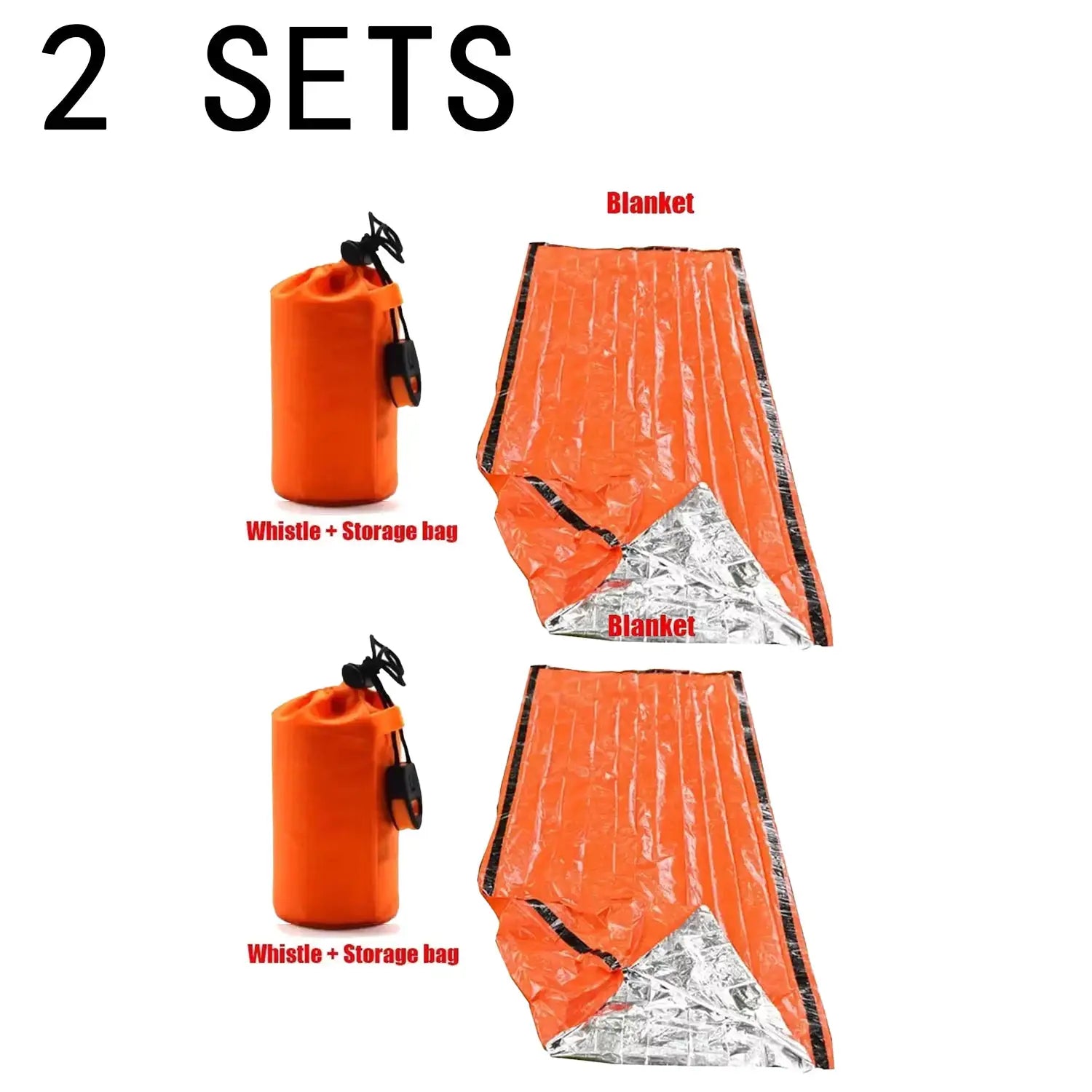 Simples Market portable waterproof emergency sleeping bag set; orange pouch, whistle, foil blanket, 2 sets
