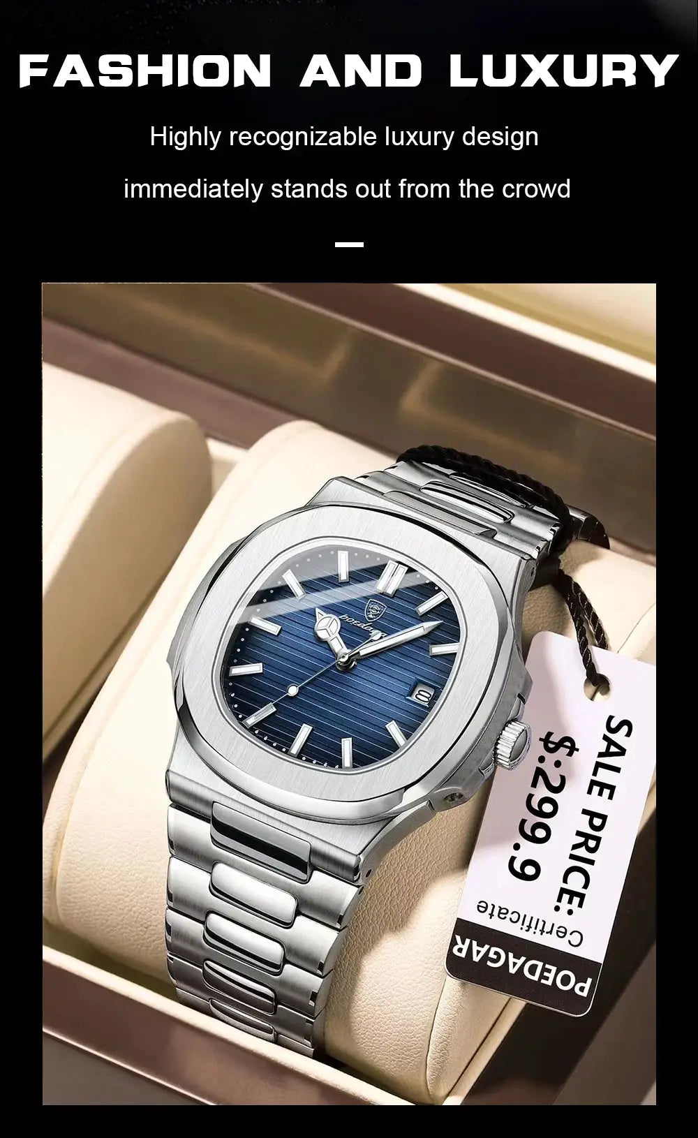 POEDAGAR Square Luxury Men Wristwatch Waterproof Luminous Date Stainless Steel Male Clock Business Sports Quartz Watches For Men