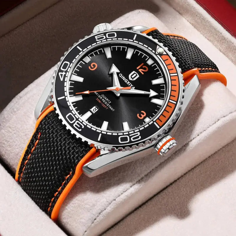 Qingxiya Men Quartz Sport Watch With Silicone Strap Luminous Dial Calendar Waterproof