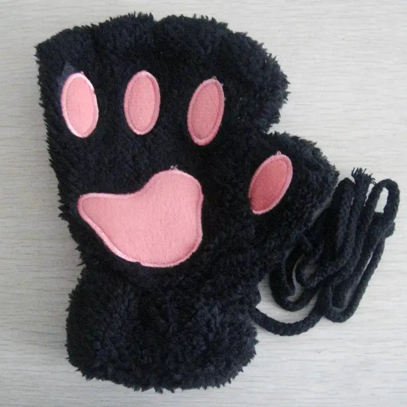 Cartoon Cute Cat Claw Paw Gloves Women Plush Mittens Warm Soft Short Fingerless Fluffy Bear Cat Gloves Costume