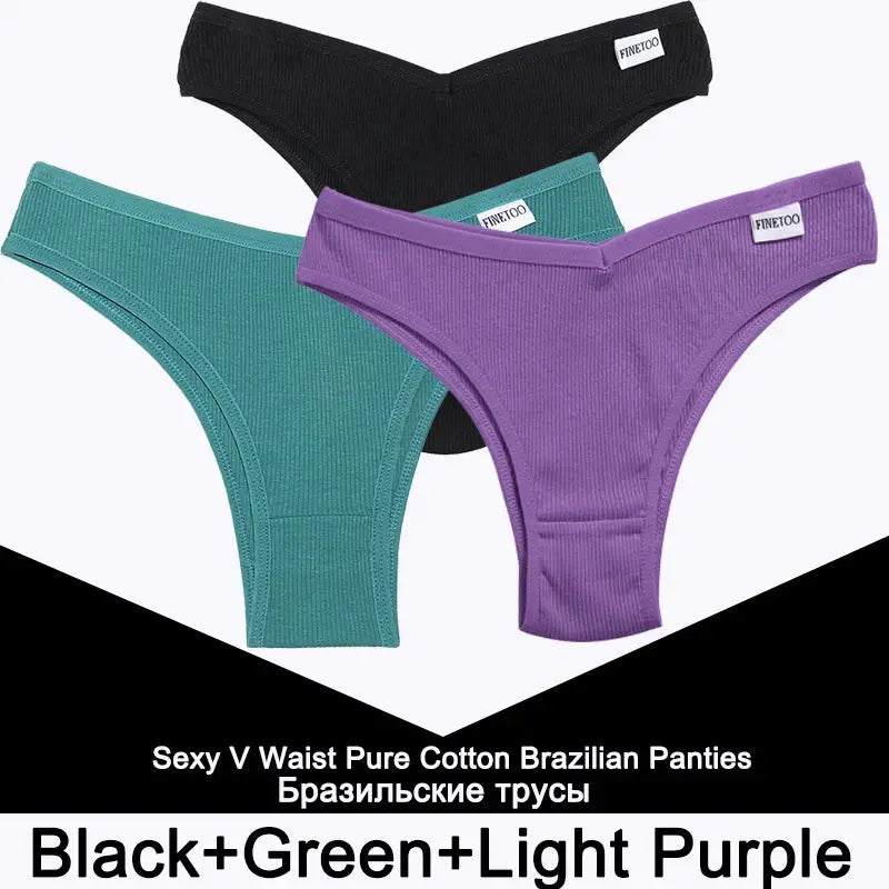 Cotton bikini panties 3-pack by FINETOO in black, teal, and purple