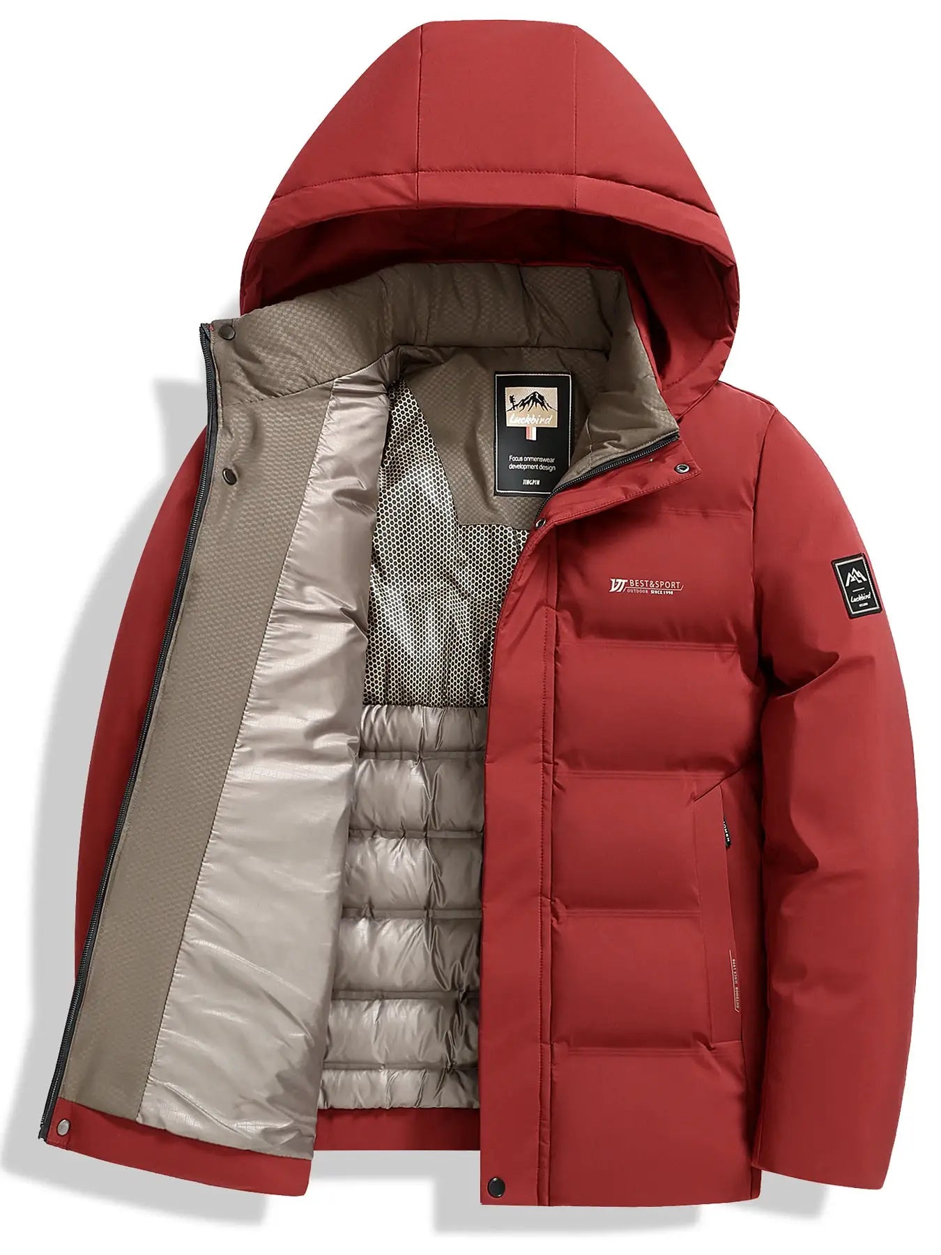 Men's red cotton jacket with hood, quilted inner lining for outdoor warmth by Simples Market