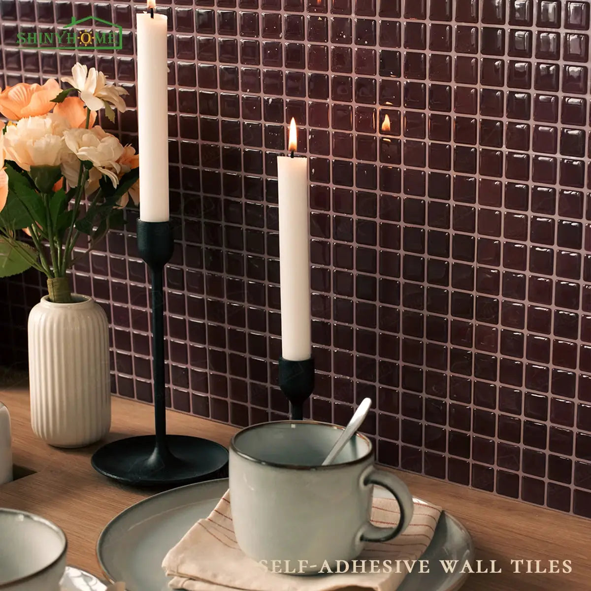 Self-adhesive purple mosaic wall tiles, 10.5-inch square, 3D backsplash by Simples Market