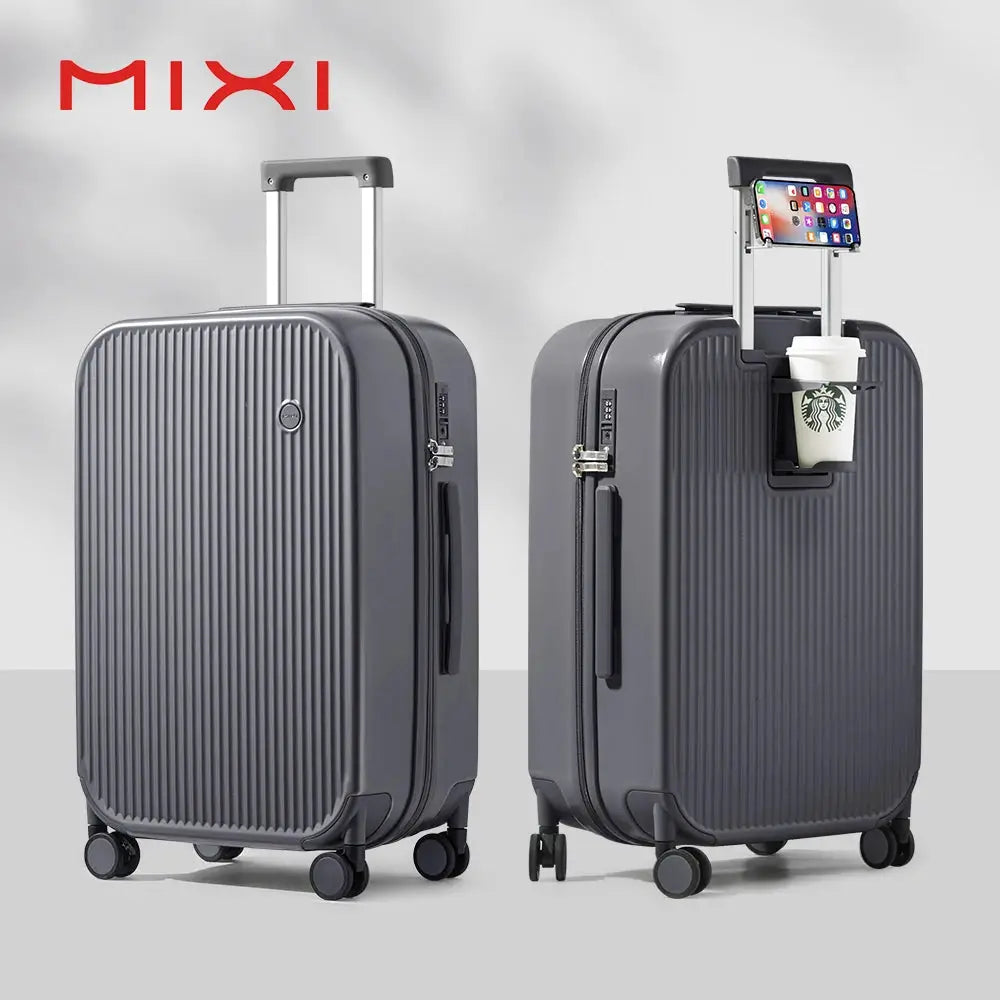 Mixi gray hard-shell carry-on suitcases, 2-piece set, with spinner wheels and cup/phone holder