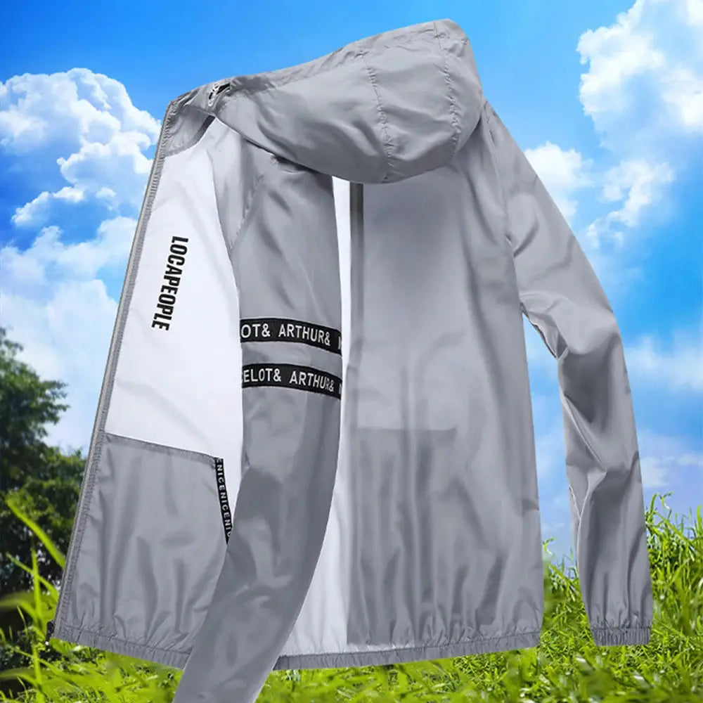 Men's sun-protection lightweight gray cycling jacket with hood and long sleeves