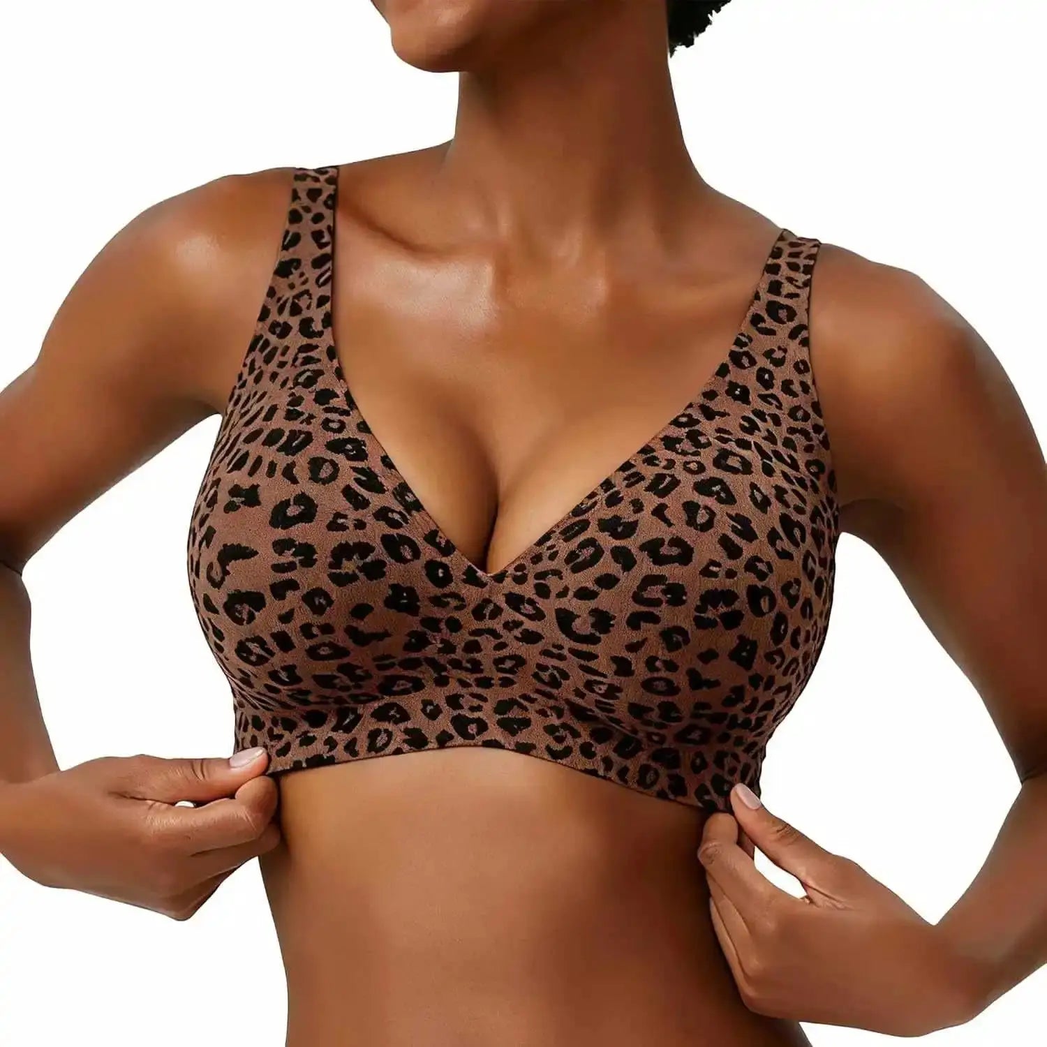 Women's seamless pink leopard print wire-free full-cup bra with soft molded support and deep V neckline