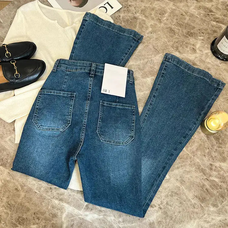 High Waist Loose Jeans Pockets Vintage Washed Denim Flare Trousers