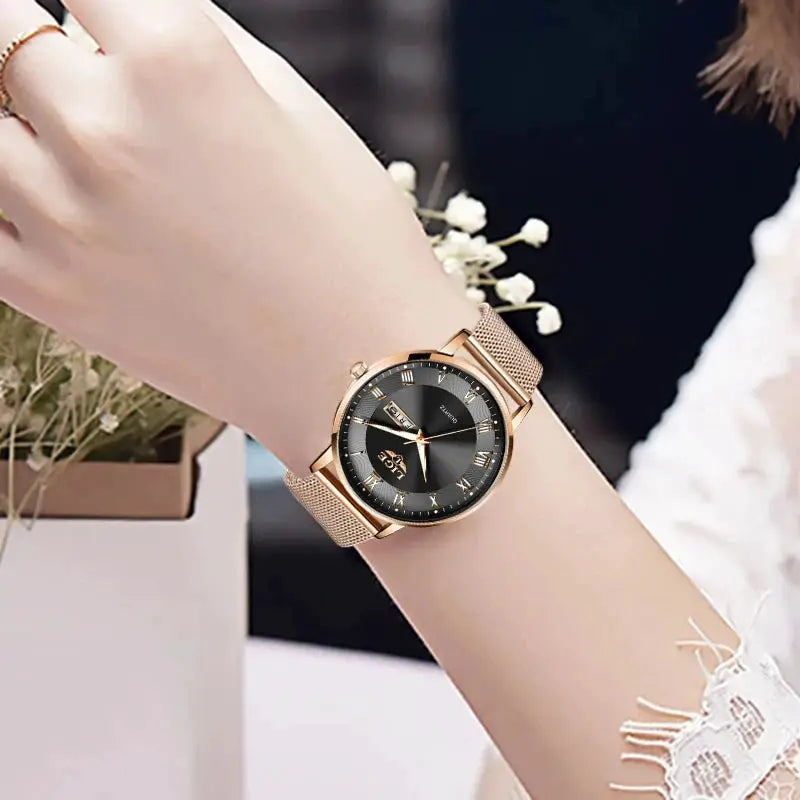 LIGE women's luxury watch on rose-gold mesh bracelet with black dial and gold-tone case