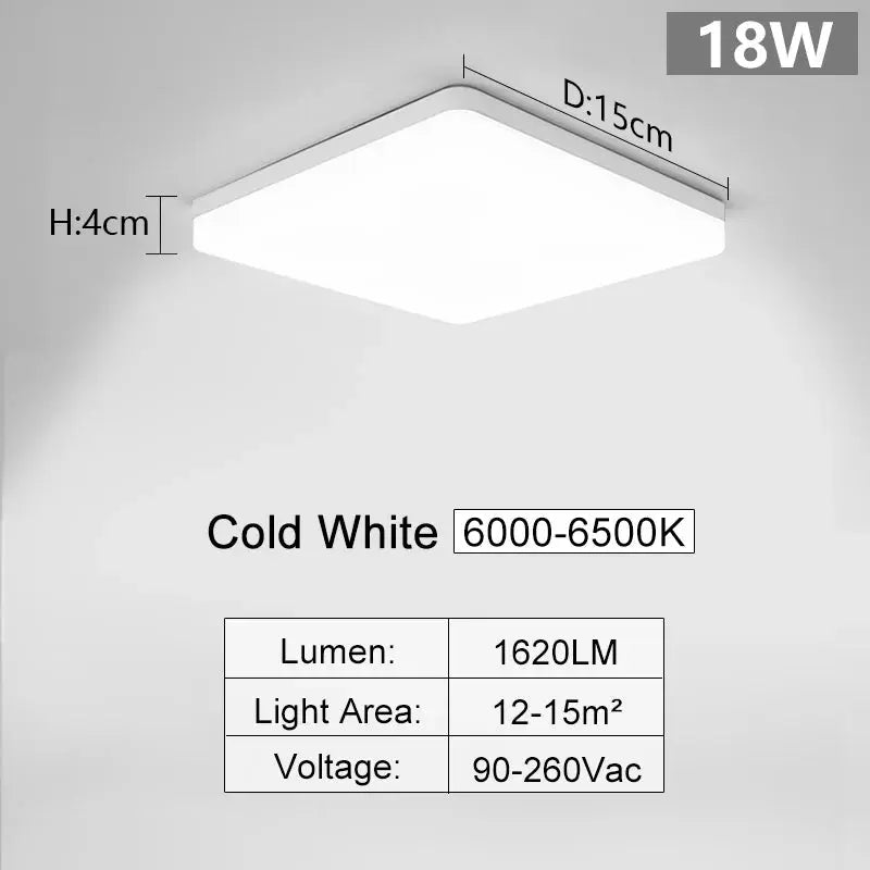 Square white LED ceiling lamp, 18W, cold white 6000–6500K, 1620lm, for bedroom.