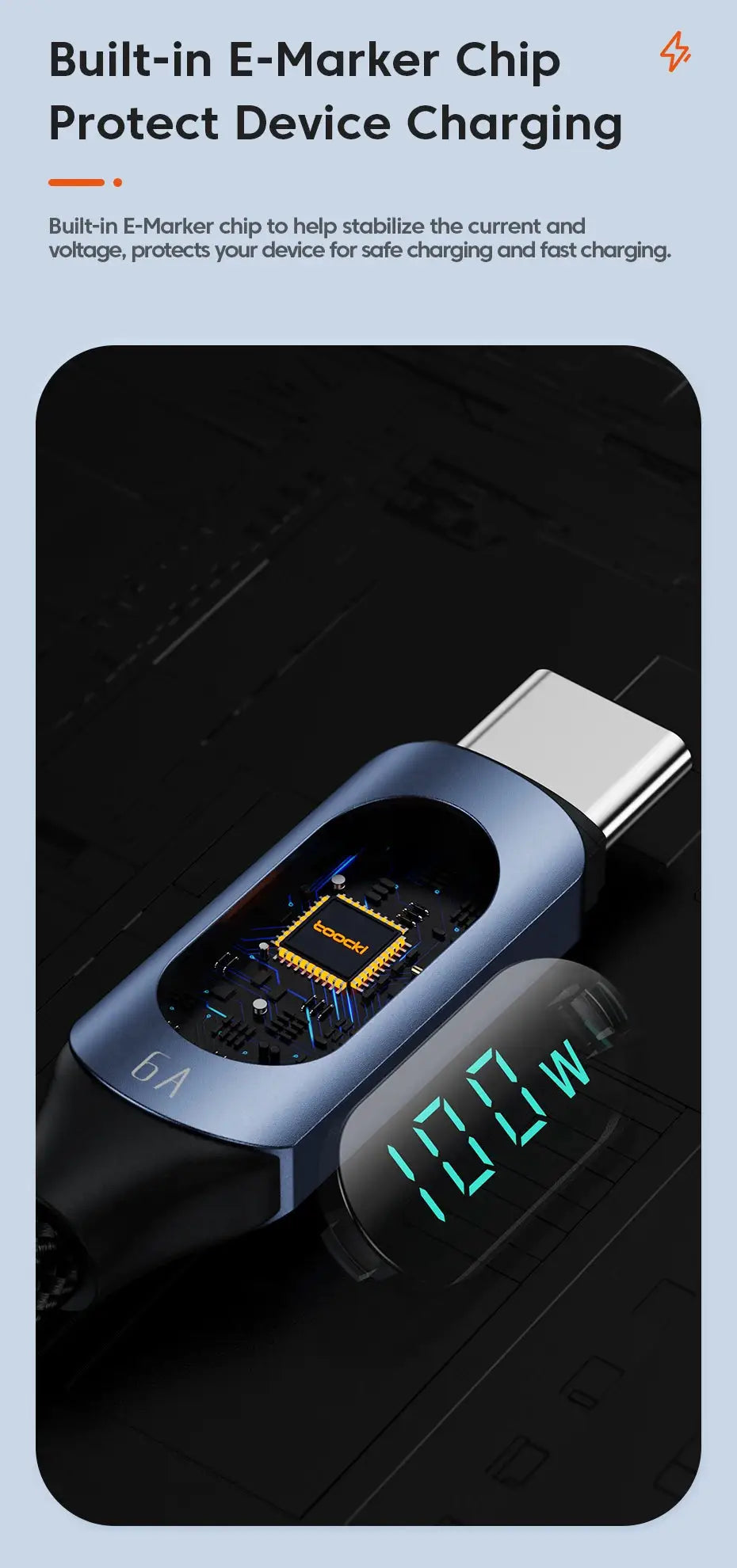Toocki USB-C to USB-C 100W PD cable with built-in E-marker chip, blue housing
