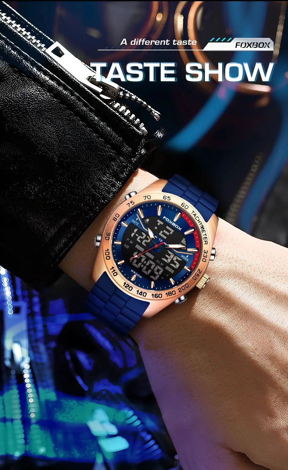 FOXBOX luxury men's digital watch with blue silicone strap and rose-gold bezel, tachymeter, digital-analog dial