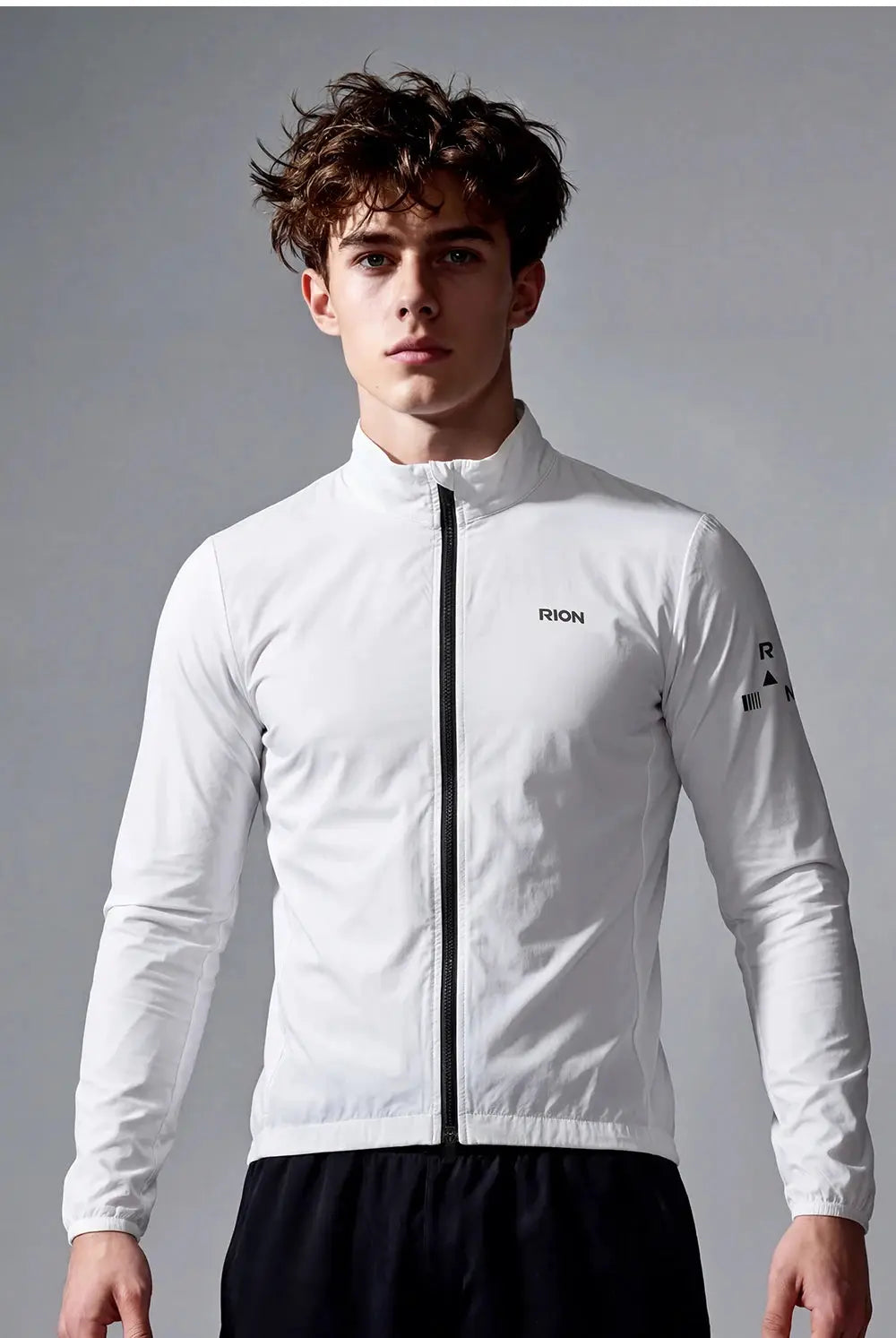 RION white men's long-sleeve windbreaker jacket with full zip, lightweight and packable outdoor coat