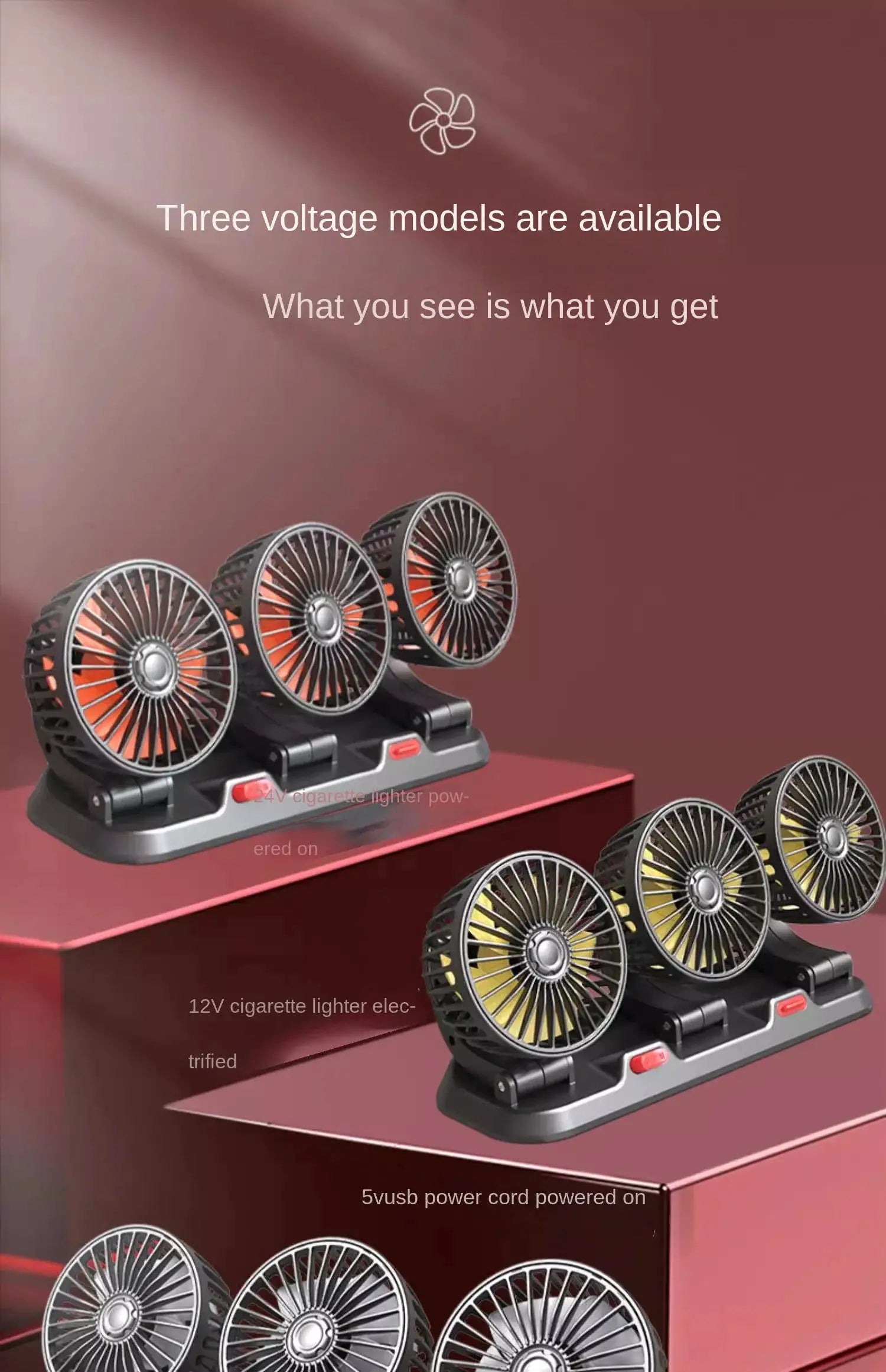 Simples Market car fan 3-head 360° adjustable, USB/12V/24V power, 2 speeds for home desk or car