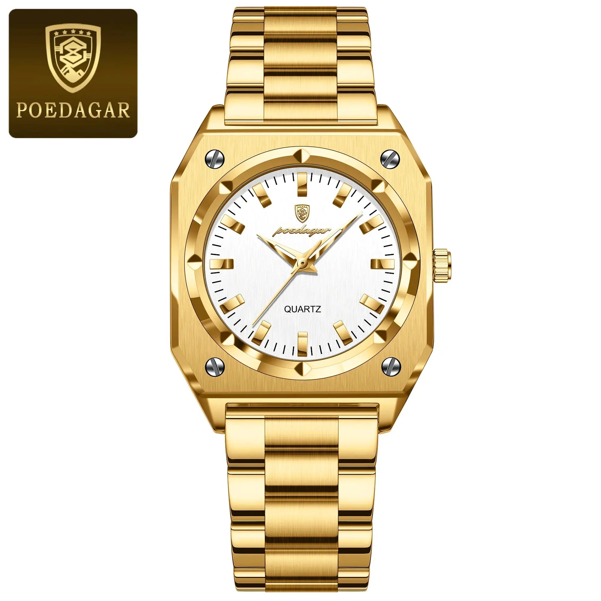POEDAGAR gold-tone stainless steel wristwatch with white dial, quartz movement