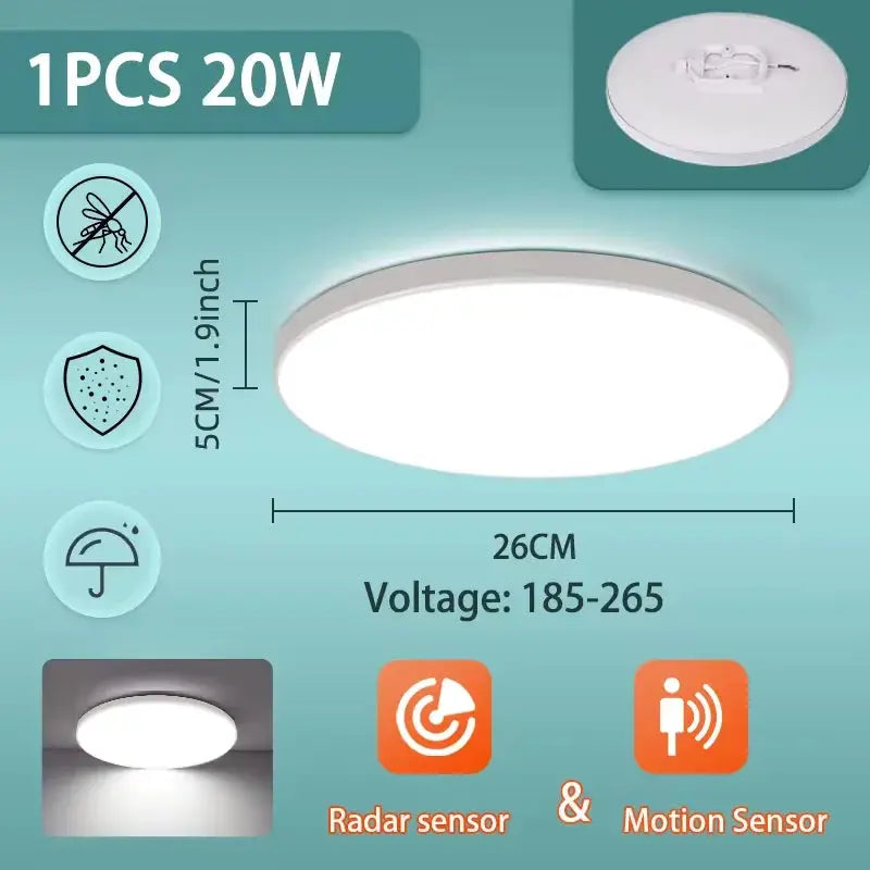 Radar ceiling light by Simples Market, white round LED with motion sensor, 26cm diameter, 20W, 185-265V
