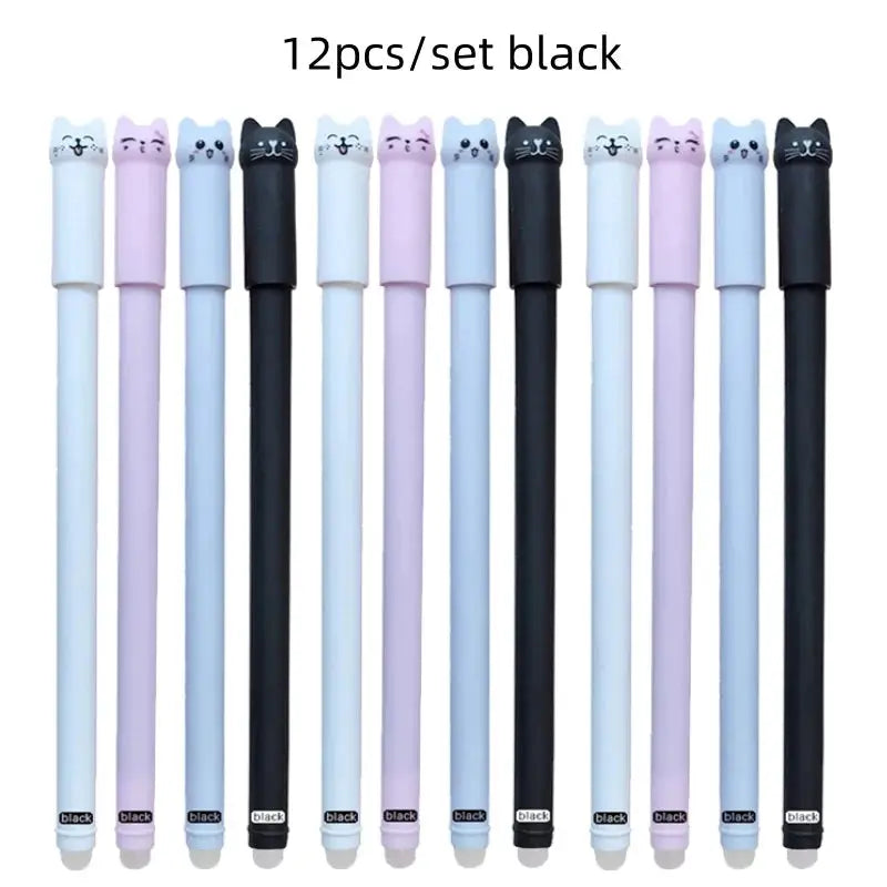 12pcs cat-shaped erasable gel pen set with pastel handles, 0.5mm blue/black ink, Simples Market