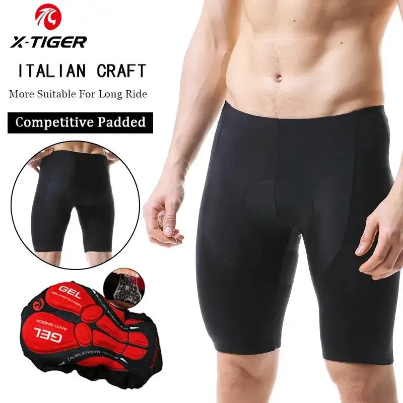 X-TIGER men's cycling shorts, black with gel pad, anti-slip leg grips, Simples Market.