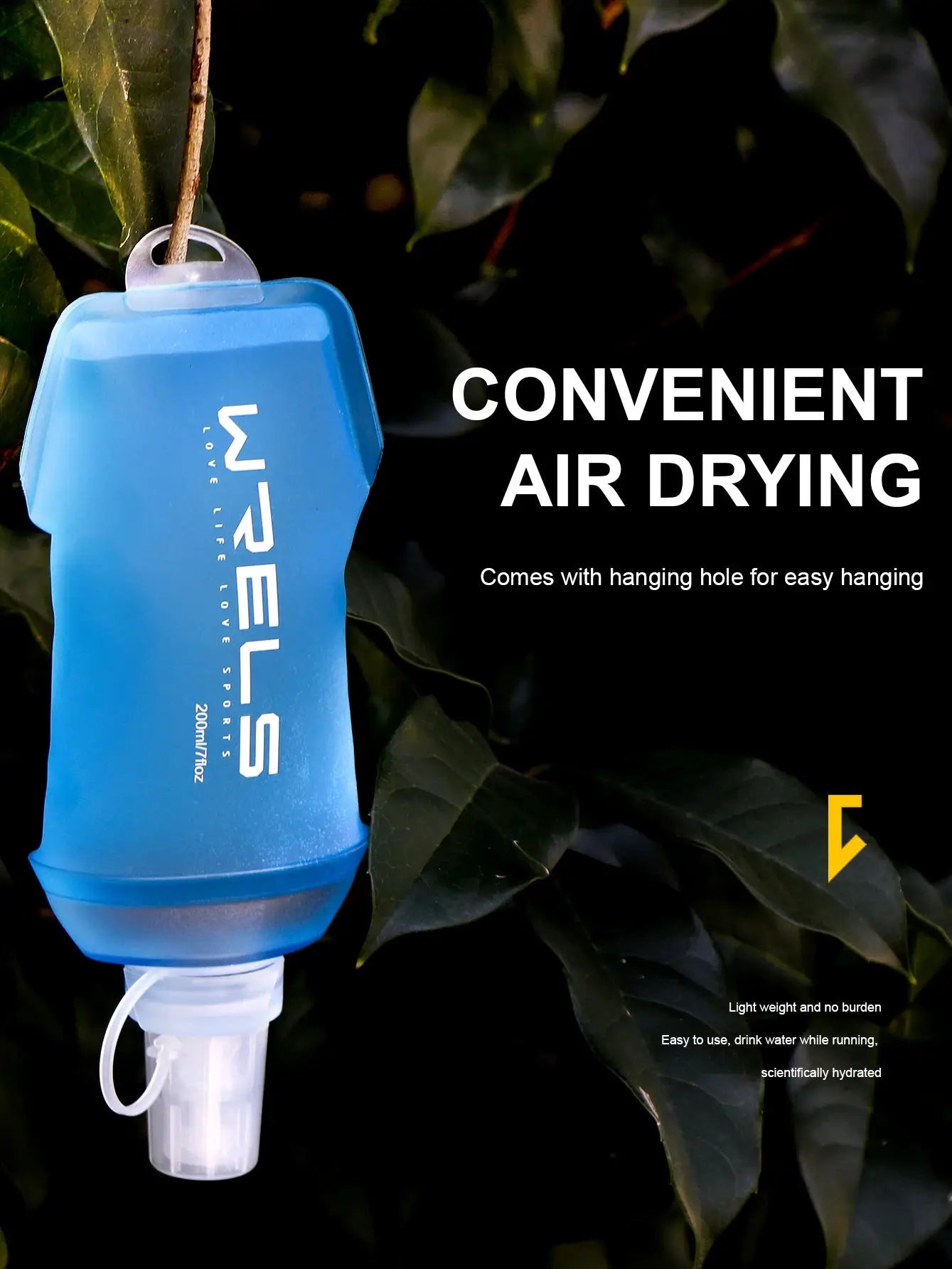 WRELS blue folding TPU outdoor water bottle with hanging hole