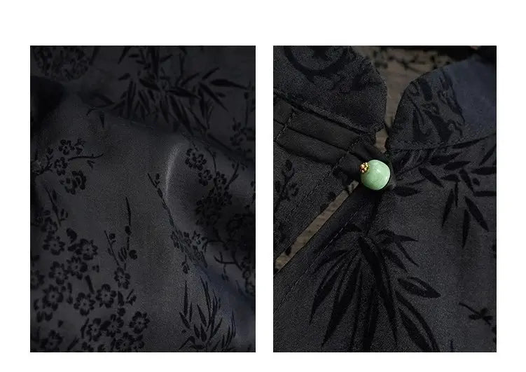 Cheongsam-style top by Simples Market in black jacquard with floral bamboo pattern and green bead button, short sleeves