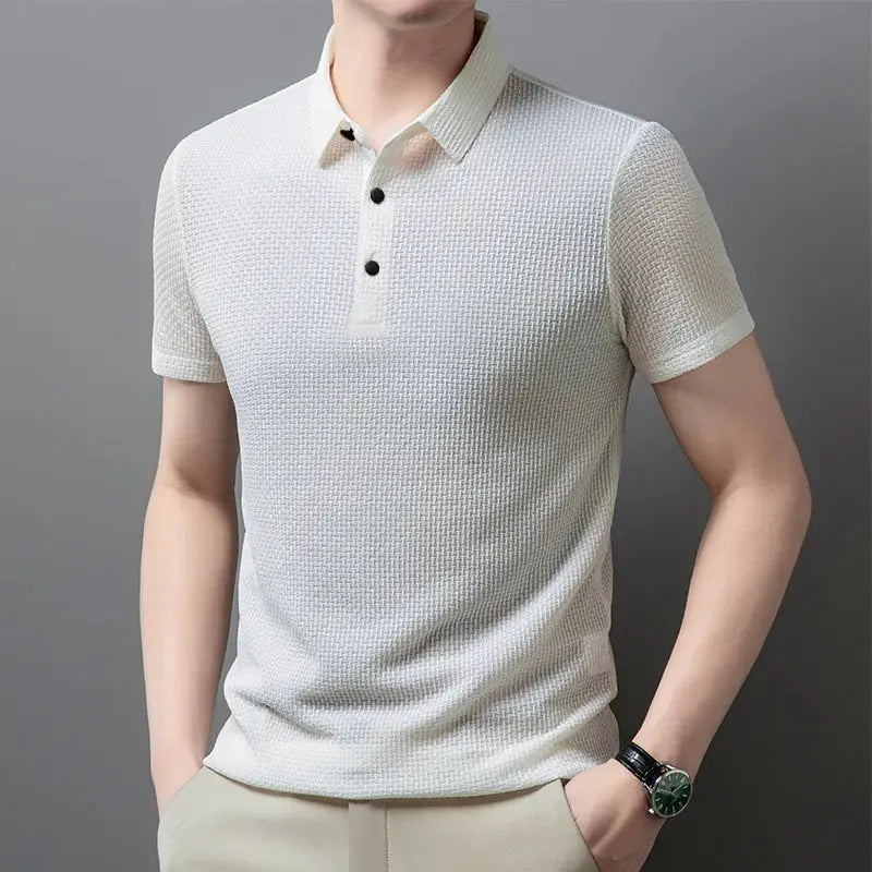 Men's bone-colored textured polo shirt, short sleeves, breathable fabric for summer business casual