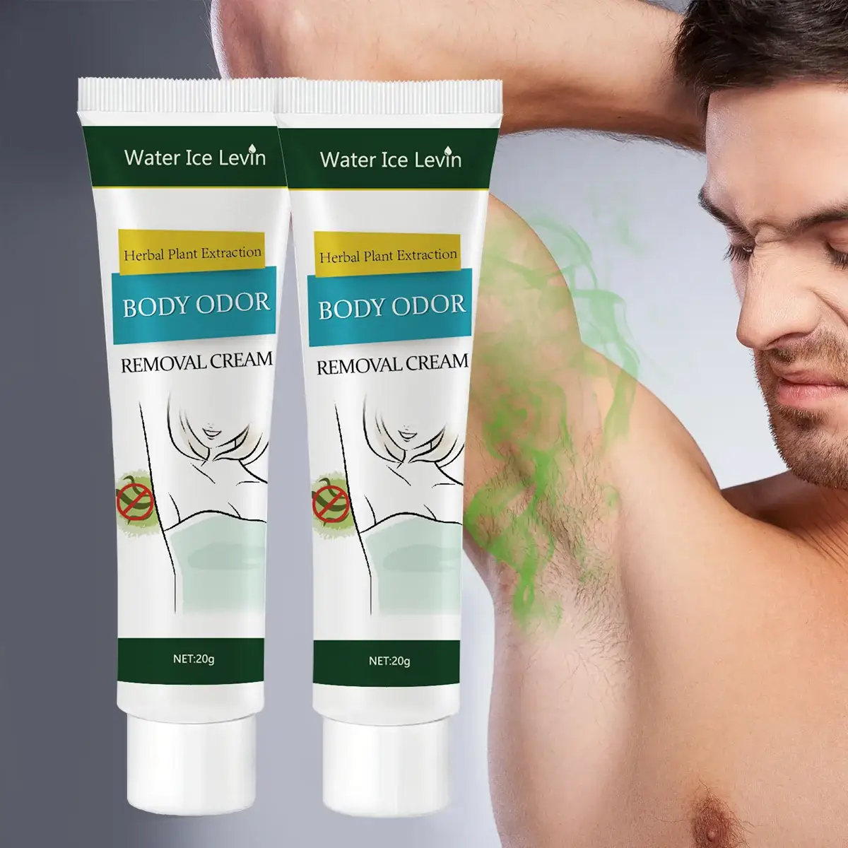 Body odor removal cream by Water Ice Levin, herbal plant extraction, 2 tubes (20g each)