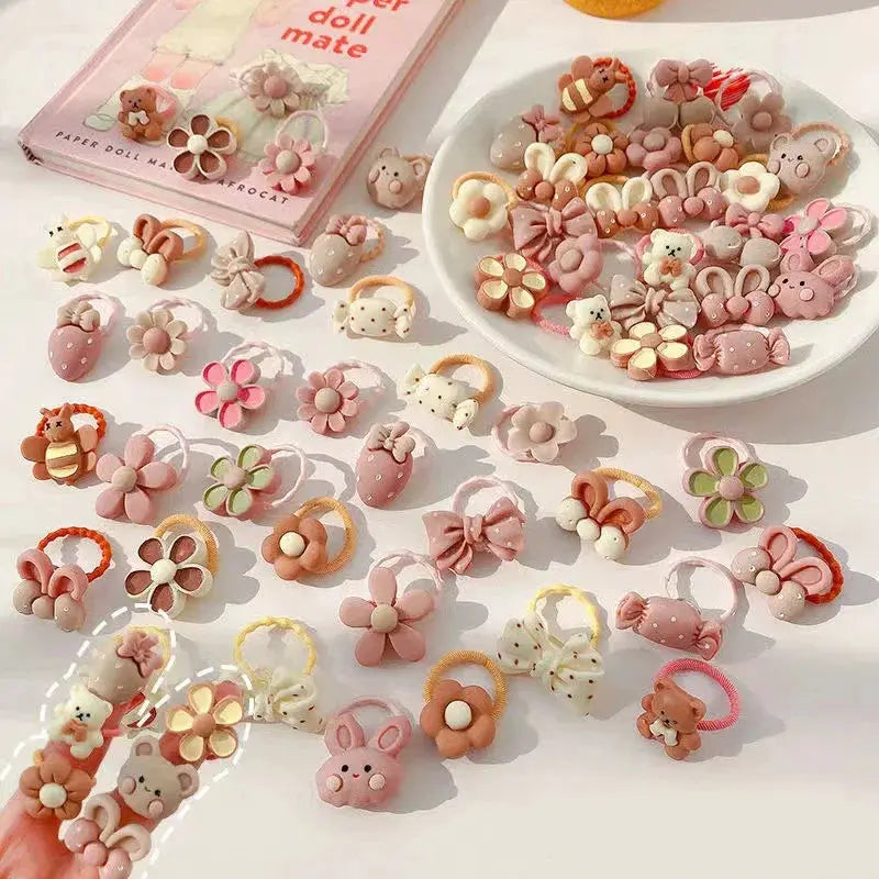 Pack Of 10 20 30 40 50 Cute Cartoon Bear And Bunny Hair Elastic Bands For Girls And Kids