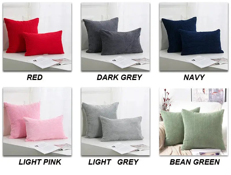 Simples Market corduroy striped cushion covers, set of six in red, dark grey, navy, light pink, light grey, bean green.