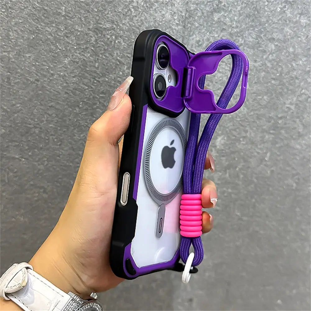 Simples Market Armor Candy Color Clash MagSafe phone case with wrist strap, purple frame for iPhone 11–16 Pro Max