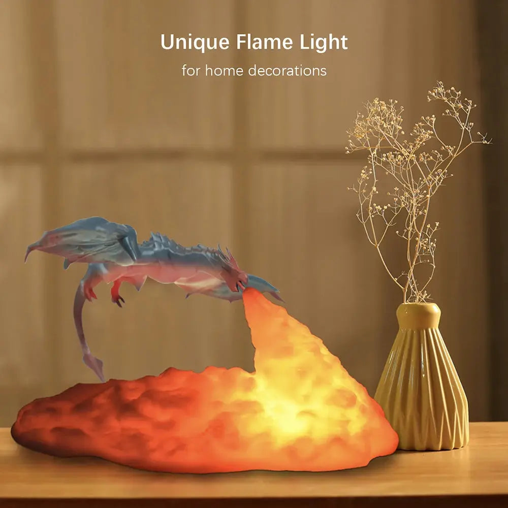 3D Printed Fire Dragon LED Lamp, Simples Market USB rechargeable desktop light with orange lava base