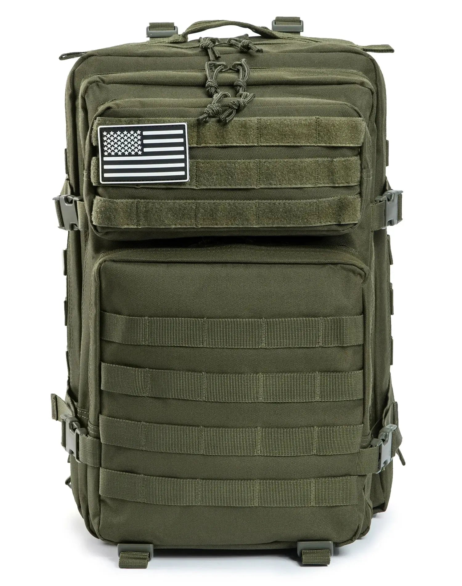 Simples Market 45L olive tactical backpack with MOLLE webbing and US flag patch