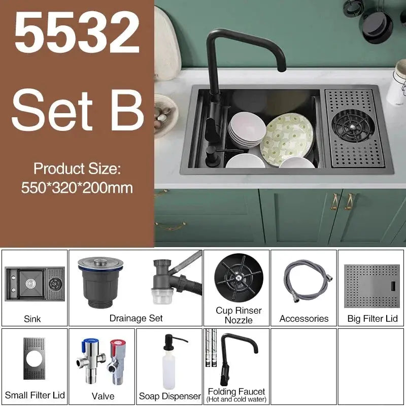 ASRAS Nano Black small-size single-bowl kitchen sink set with lifting faucet and drainage components