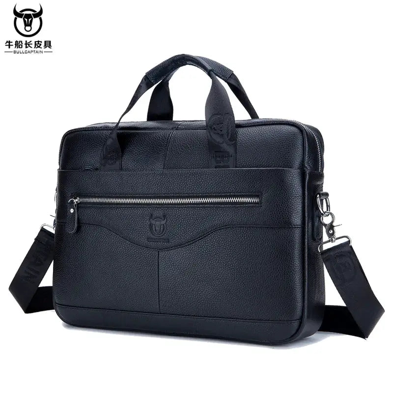 BullCaptain Leather Briefcase Messenger Bag for Men 14 Inch Laptop Compatible Genuine Cowhide for Office Professional